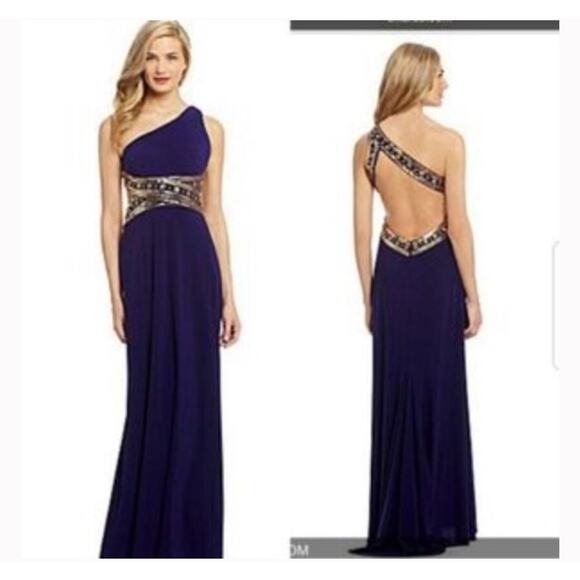 NWT Betsy and Adam Navy one shoulder gown With gold embellishments - Picture 1 of 12